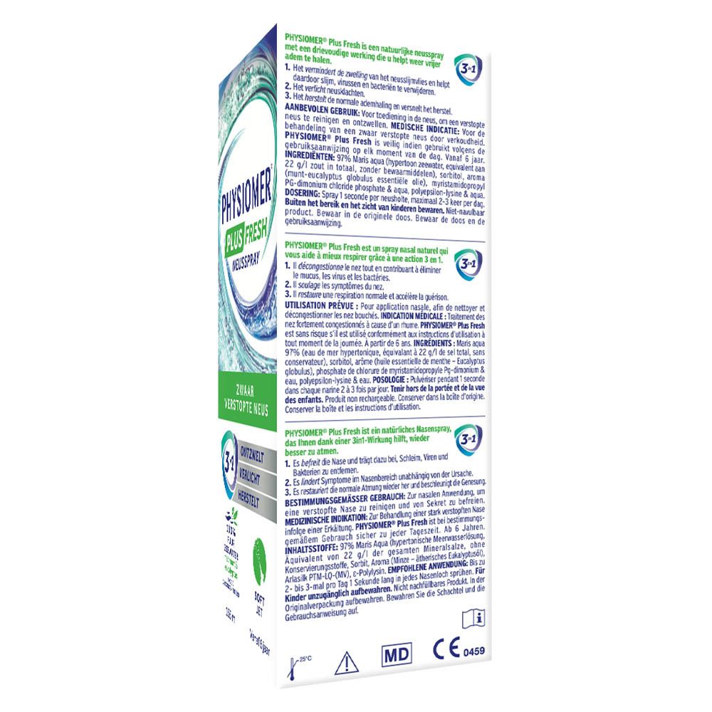 Productverpakking. Opschrift PHYSIOMER PLUS FRESH, neusspray. Zwaar verstopte neus. Tekst op achterkant.