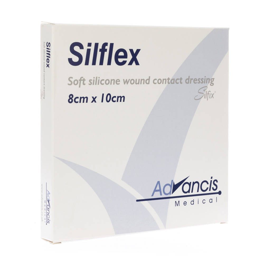 Emballage Silflex. Pansement souple en silicone 8cm x 10cm. Logo Advancis Medical.
