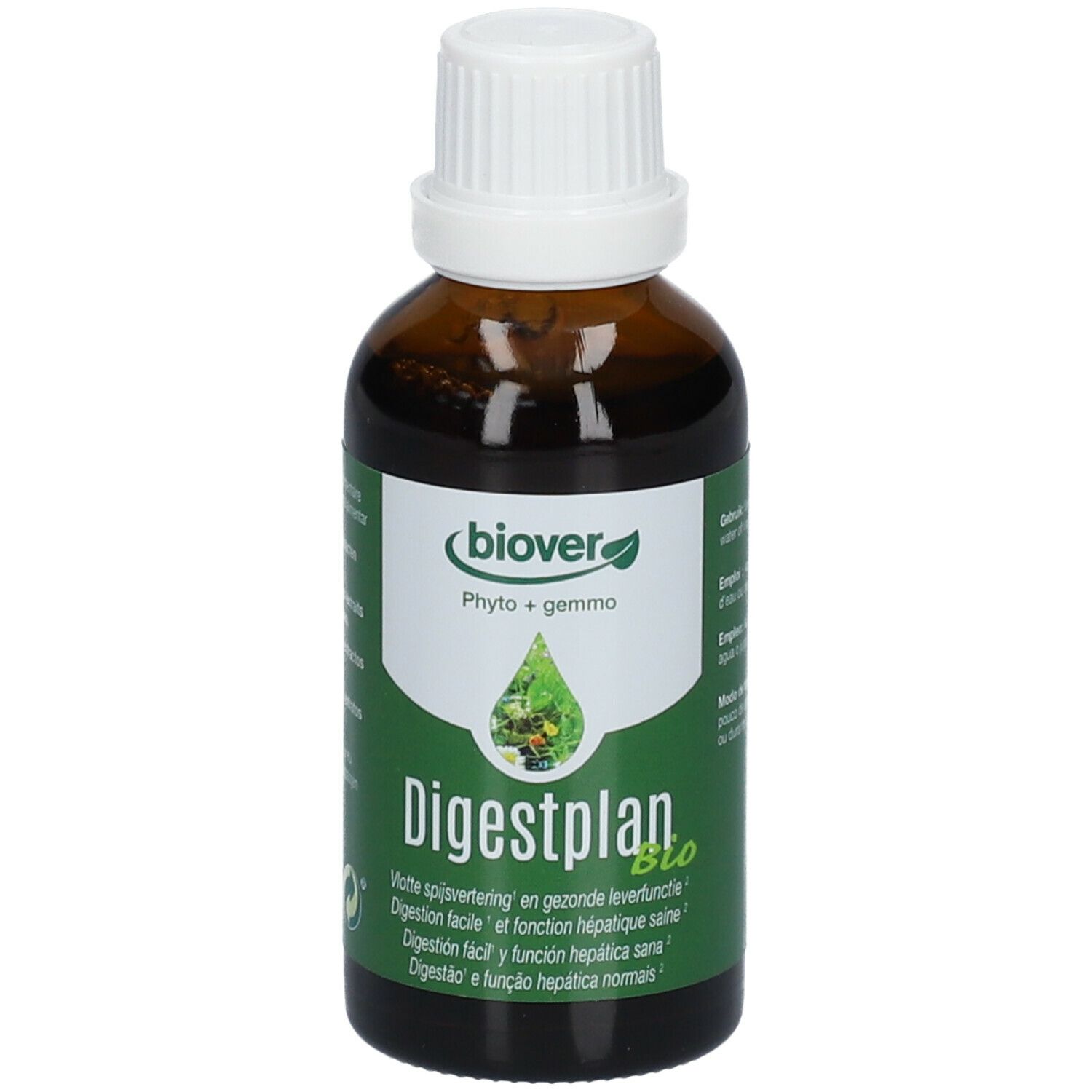 Flacon en verre brun avec bouchon blanc. Étiquette verte avec nom du produit et logo. Biover Digestplan.