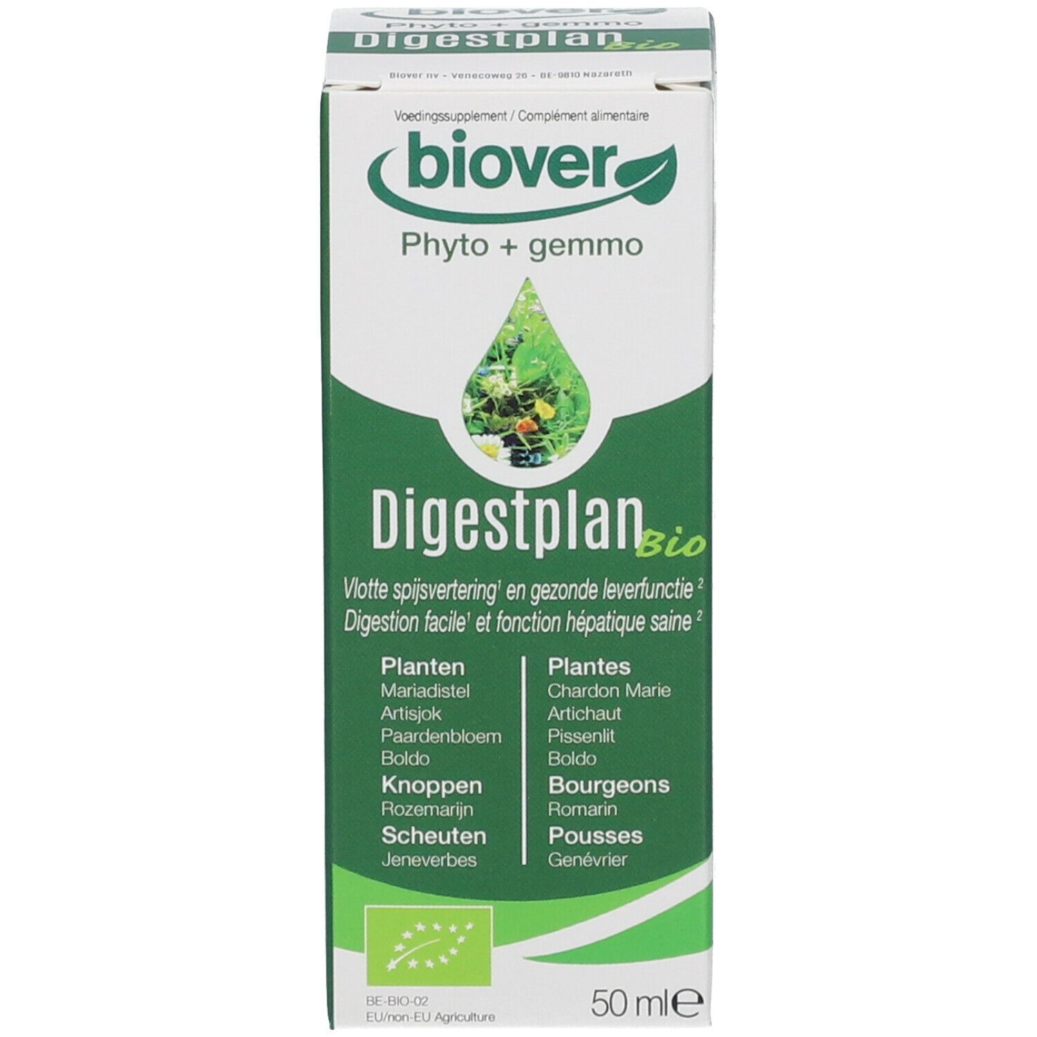 Emballage du produit. Boîte blanche avec étiquette verte. Nom du produit et logo. Biover Digestplan. 50 ml.