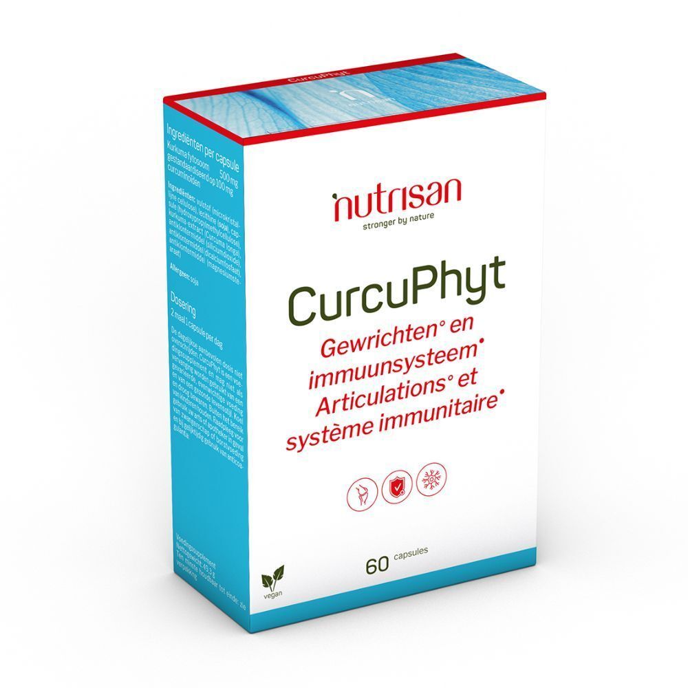 Doos Nutrisan CurcuPhyt. Bevat 60 vegetarische capsules. Opschrift: Gewrichten en immuunsysteem.