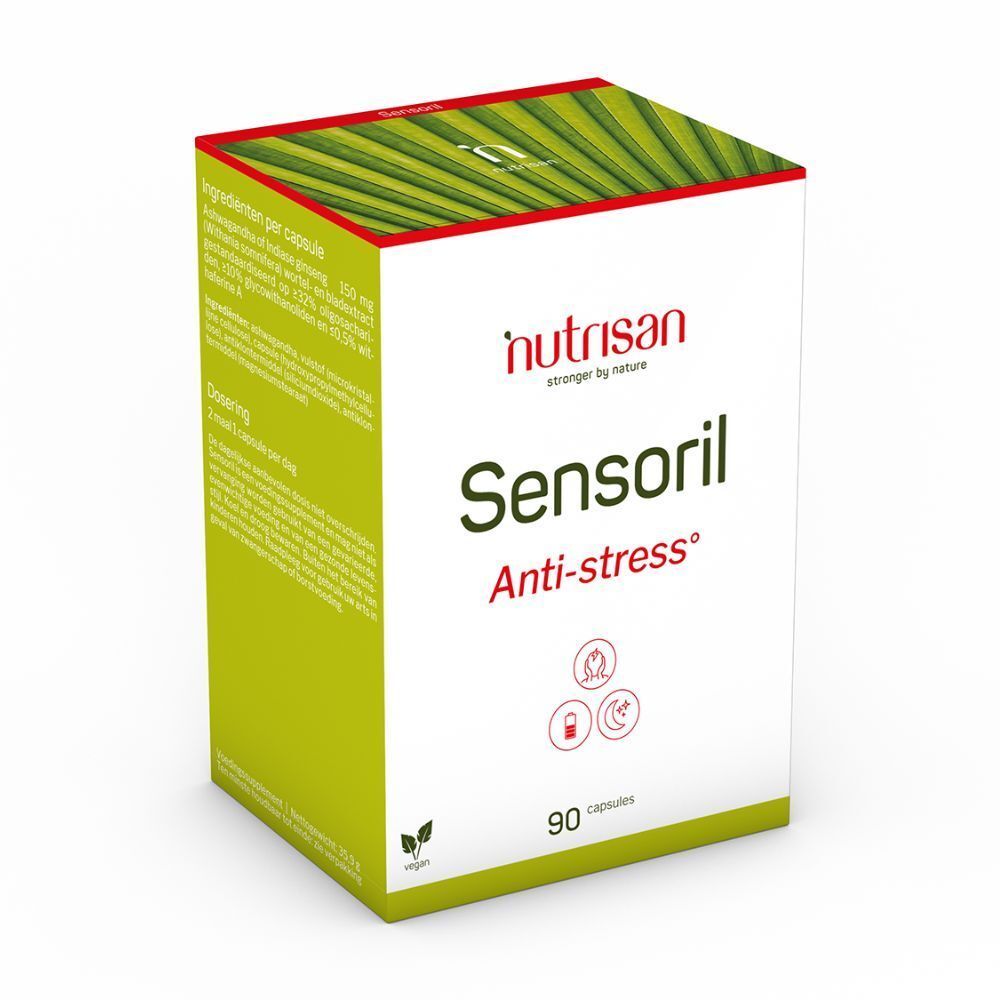 Witte doos Nutrisan Sensoril Anti-stress. 90 capsules. Opschriften: ingrediënten, dosering, symbolen.