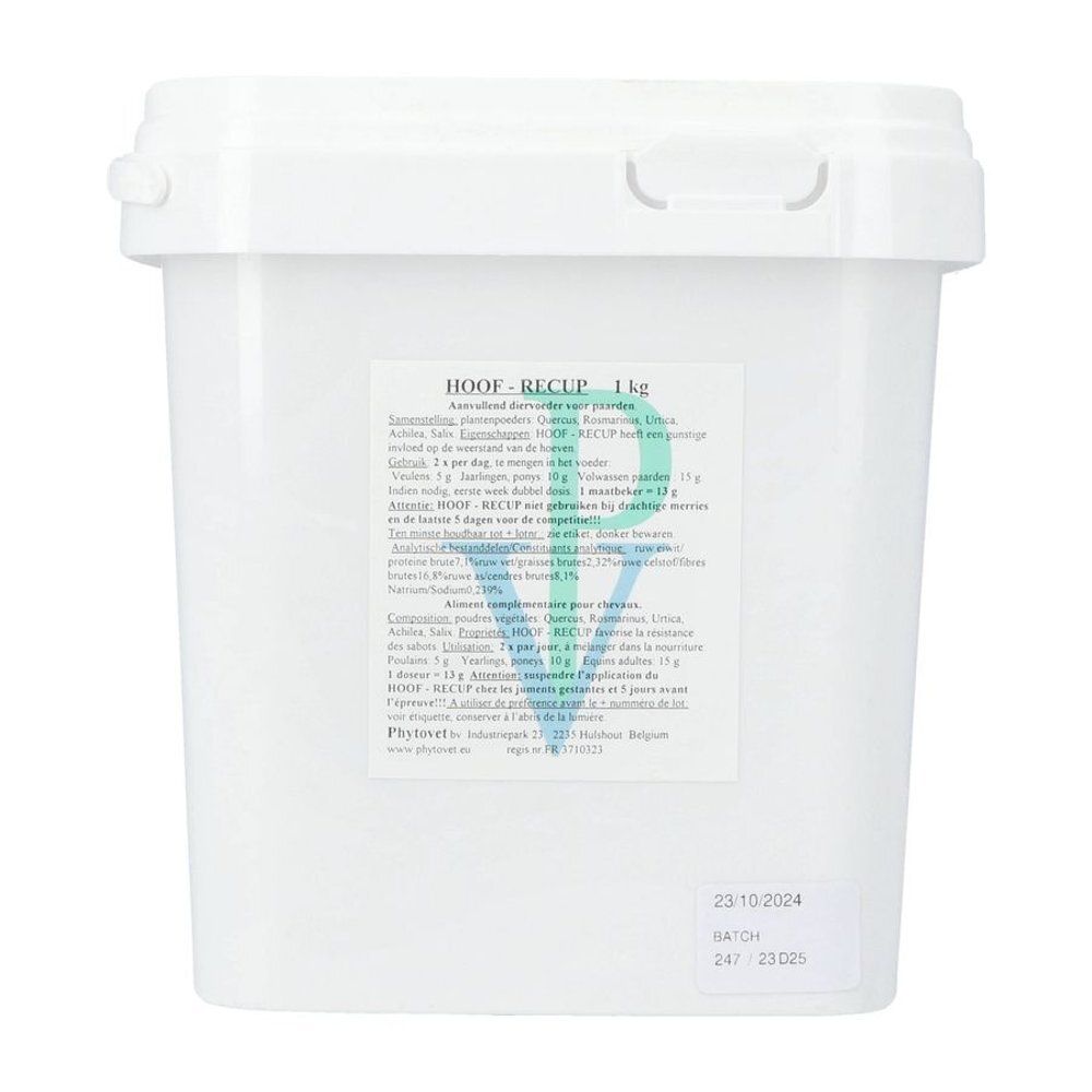 Seau blanc avec étiquette. Inscription: HOOF RECUP 1 kg. Contient des informations sur les ingrédients et le fabricant.