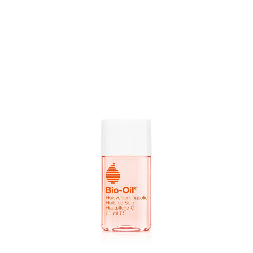Bio-Oil® huidverzorgingsolie. Fles met witte dop. Opschrift: 60 ml.