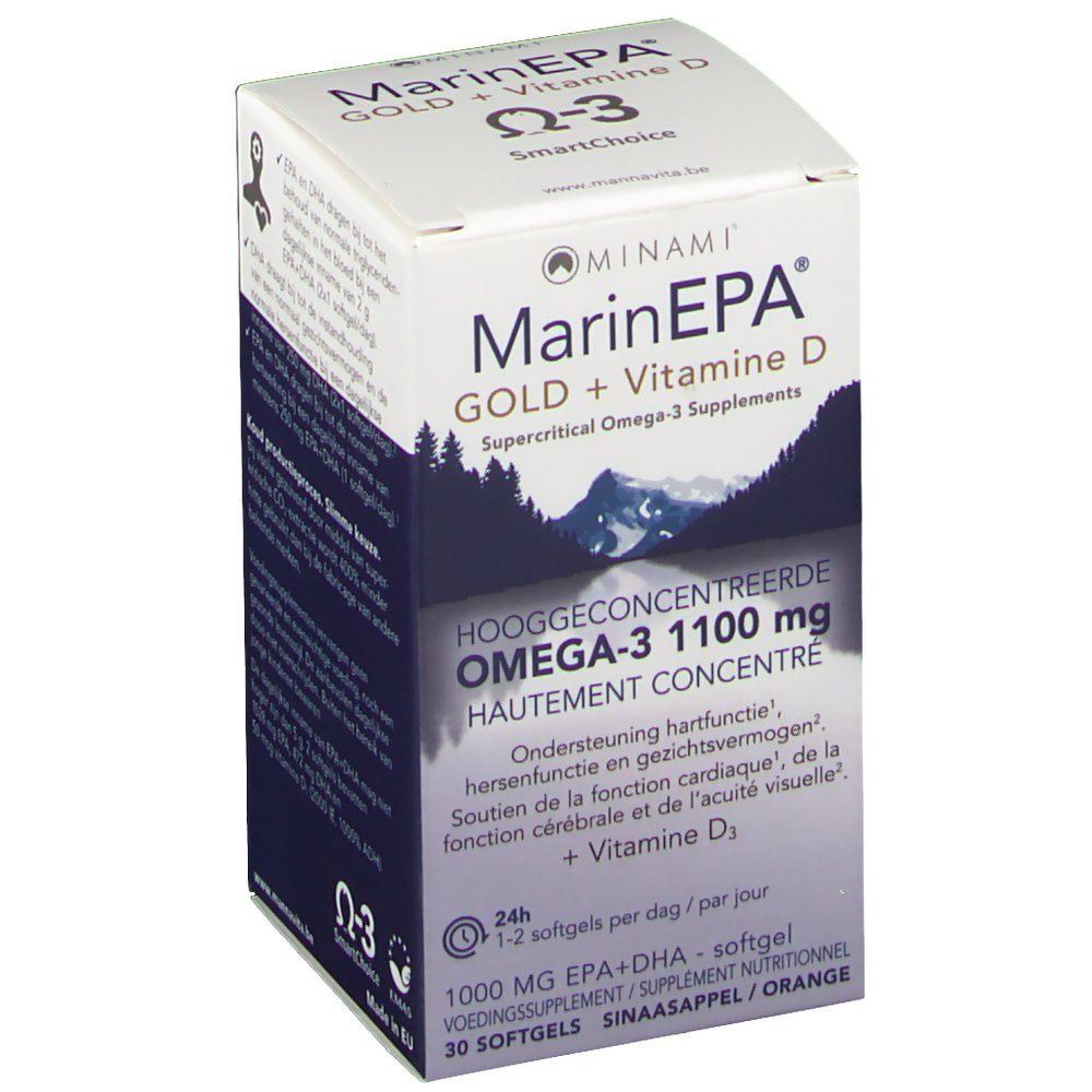 Boîte blanche avec nom et logo du produit. Contient Oméga-3 et Vitamine D. Texte multilingue.