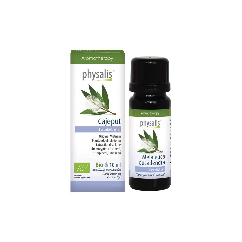 physalis® Cajeput olie en verpakking. Fles en doos. Botanische illustratie. Bio-certificering. 10 ml.