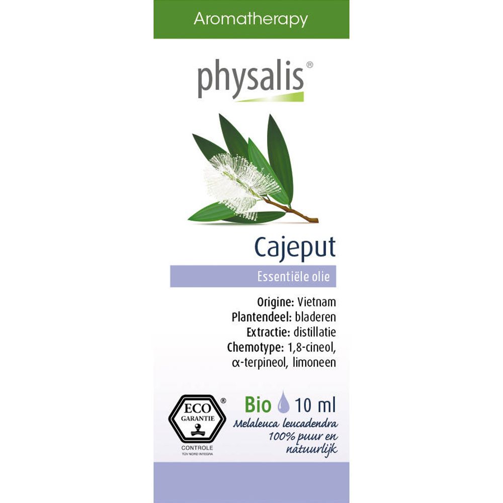 Huile essentielle physalis® Cajeput. Flacon avec étiquette. Illustration botanique. Certification Bio. 10 ml.