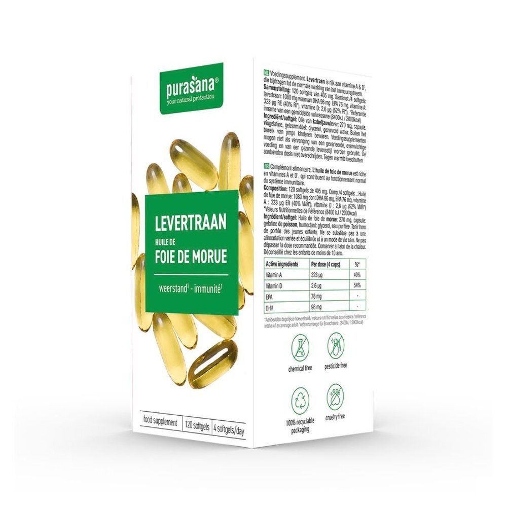 Doos met capsules. Opschrift: Levertraan, Huile de Foie de Morue. Merk: Purasana. 120 softgels, 4/dag. Certificeringen: chemicaliën vrij, pesticide vrij, 100% recyclebare verpakking, kwaliteit vrij.