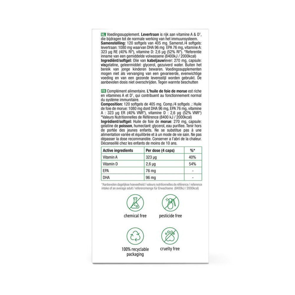 Dos de la boîte en carton. Texte multilingue. Contient des informations sur les ingrédients et les valeurs nutritionnelles. Certifications: sans produits chimiques, sans pesticides, emballage 100% recyclable, sans cruauté.