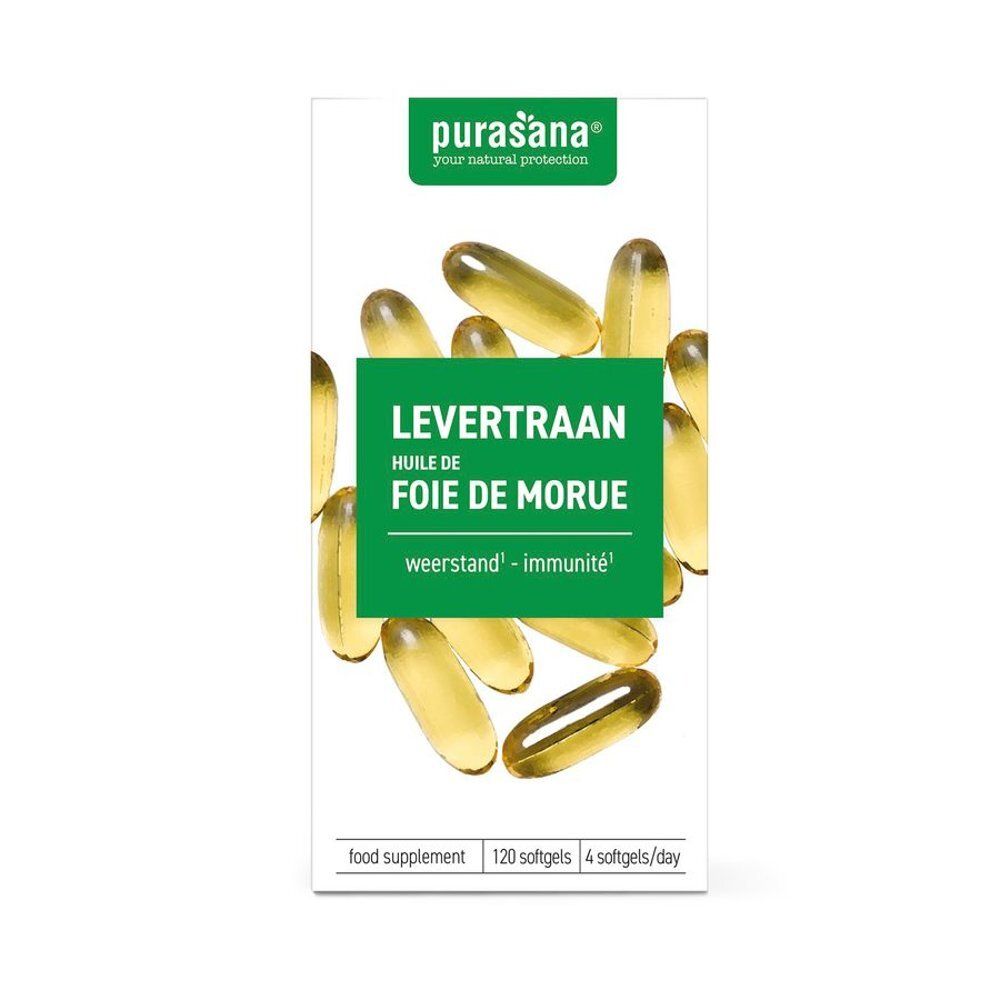 Boîte de gélules. Inscription: Levertraan, Huile de Foie de Morue. Marque: Purasana. 120 gélules, 4/jour. Certifications: sans produits chimiques, sans pesticides, emballage 100% recyclable, qualité.