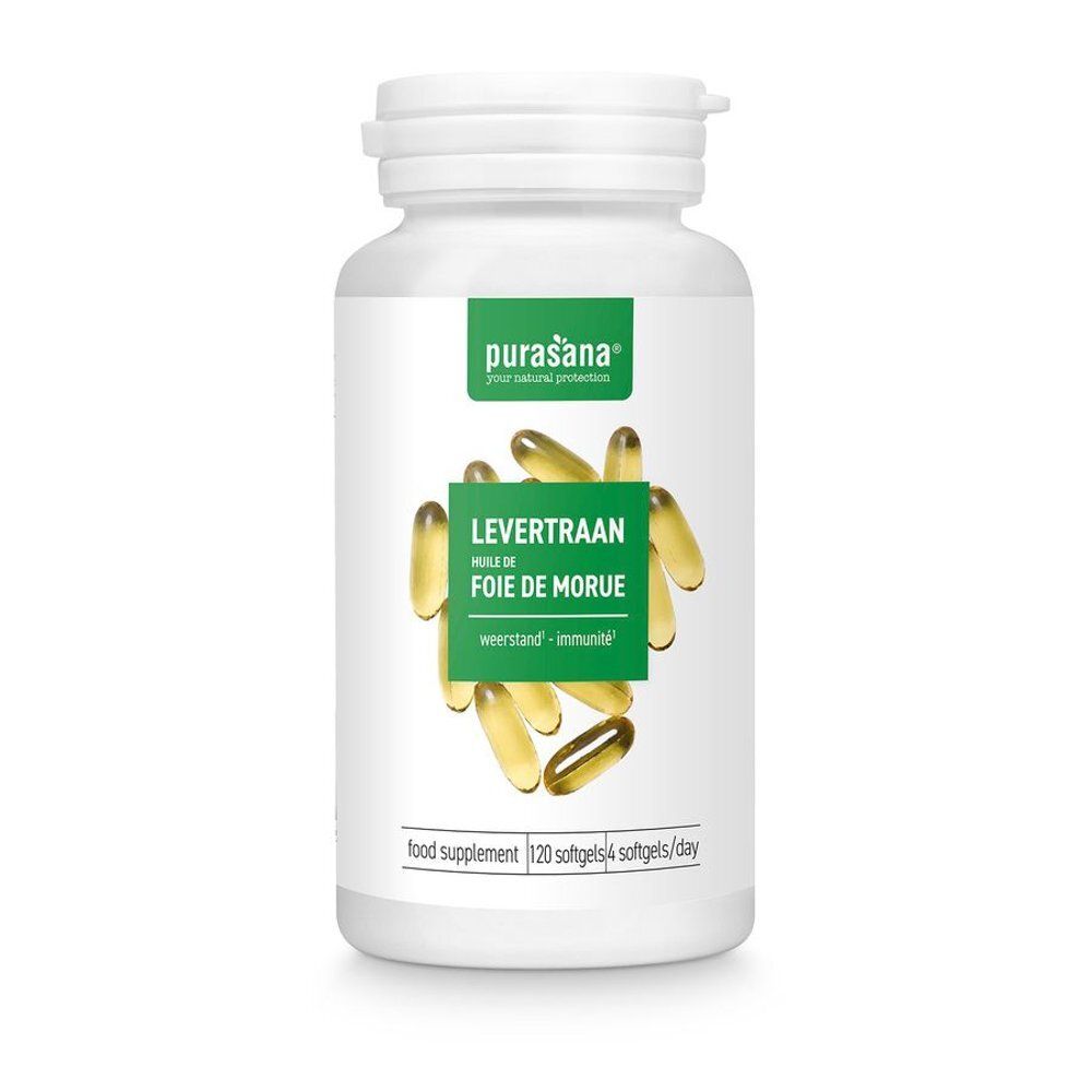 Witte fles met capsules. Opschrift: Levertraan, Huile de Foie de Morue. Merk: Purasana. 120 softgels, 4/dag.