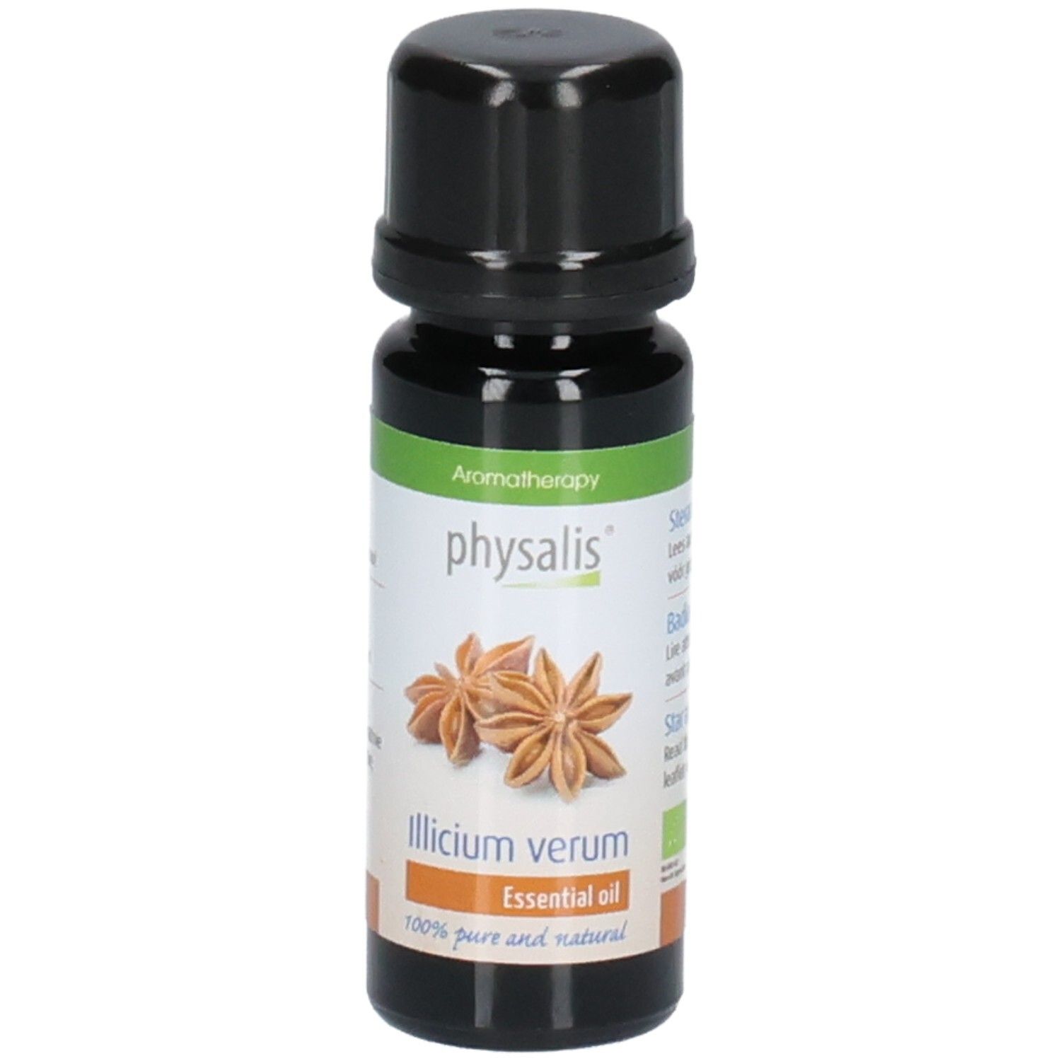 Bruine glazen fles met zwarte dop. Etiket met steranijs illustratie en tekst: "Illicium verum Essential oil". 