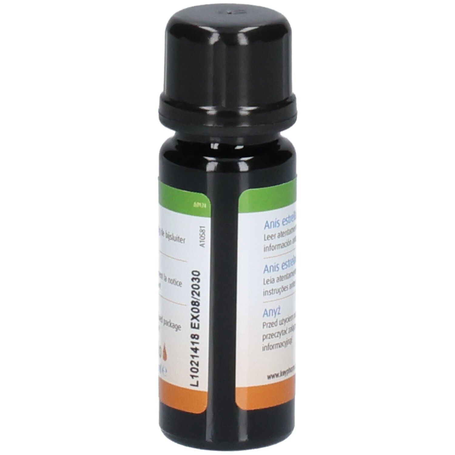 Bruine glazen fles met zwarte dop. Etiket met tekst en batchnummer. Opschrift: "Anis estrellado".