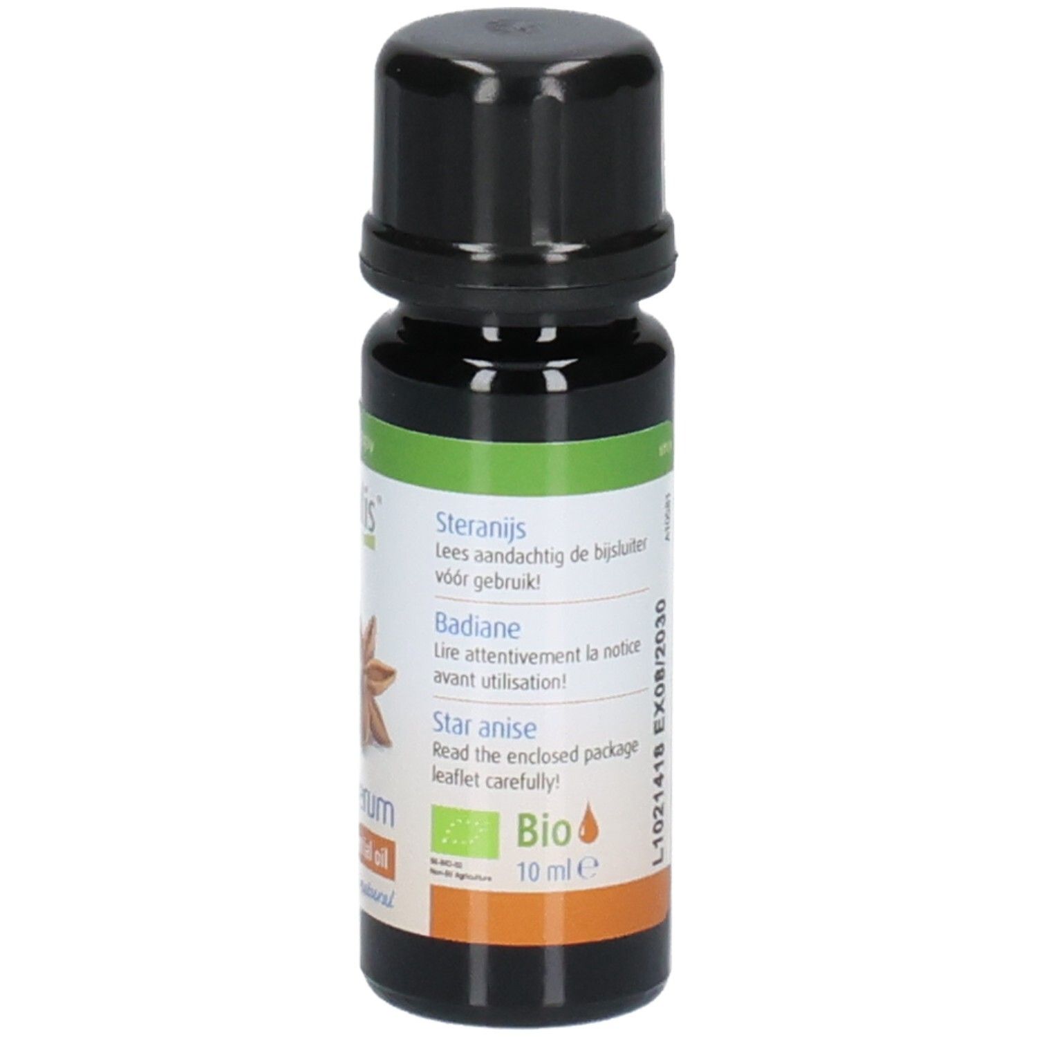 Bruine glazen fles met zwarte dop. Etiket met tekst: "Steranijs", "Badiane", "Star anise". Bio-label.