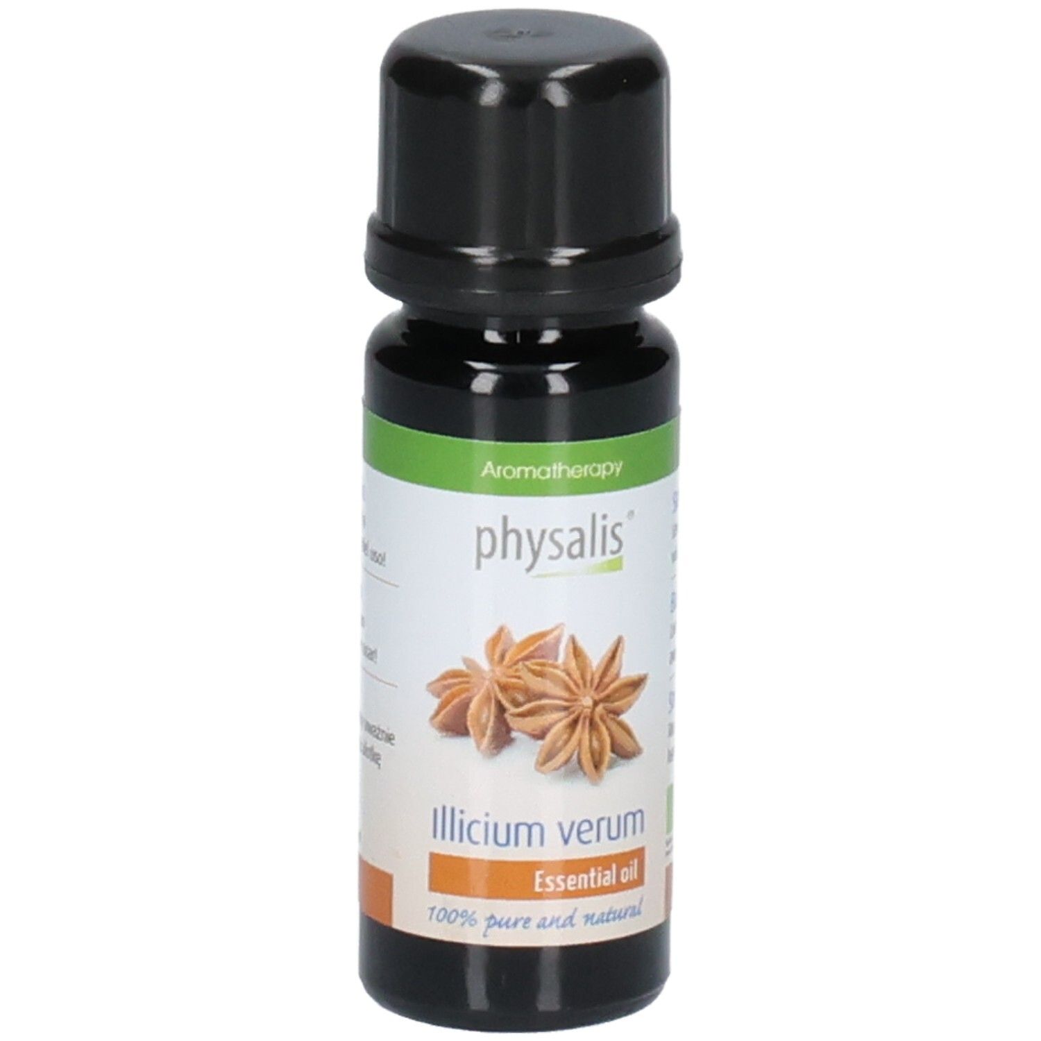 Bruine glazen fles met zwarte dop. Etiket met steranijs illustratie en tekst: "Illicium verum Essential oil".