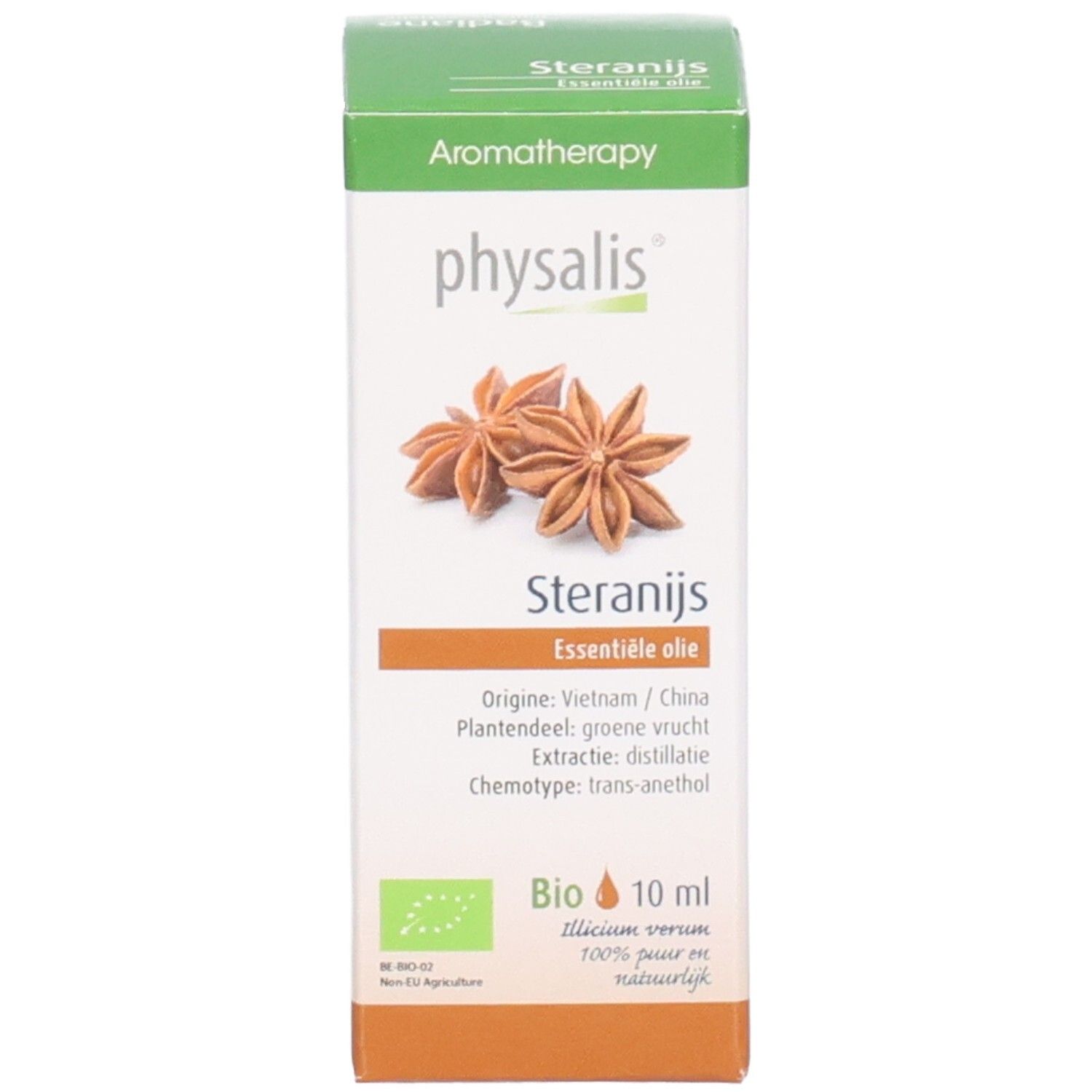 Kartonnen verpakking met steranijs illustratie en tekst: "Steranijs Essentiële olie". Bio-label. 10 ml.