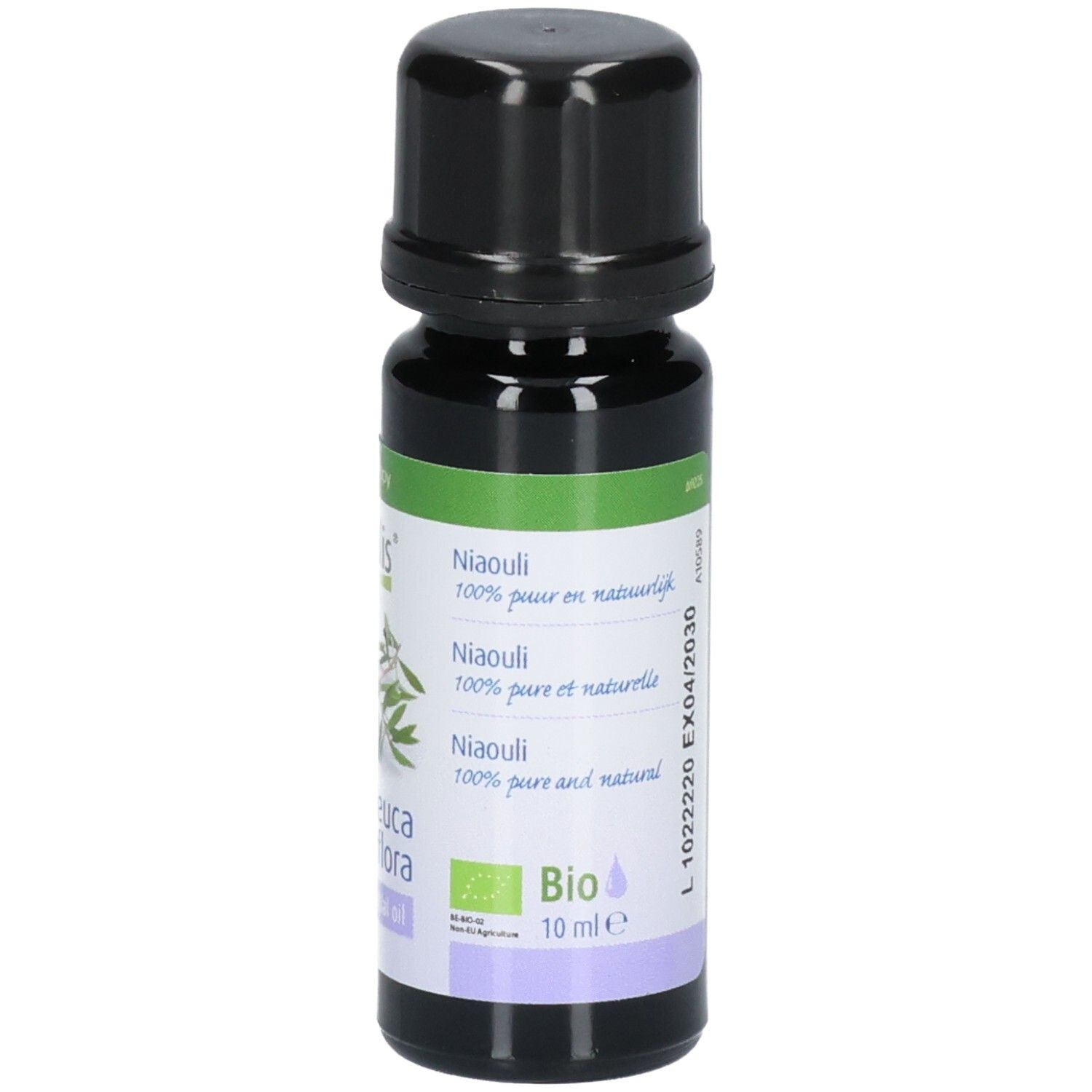 Flacon en verre brun avec bouchon noir. Étiquette avec texte: Niaouli, 100% pure en natuurlijk. Label Bio et 10 ml.