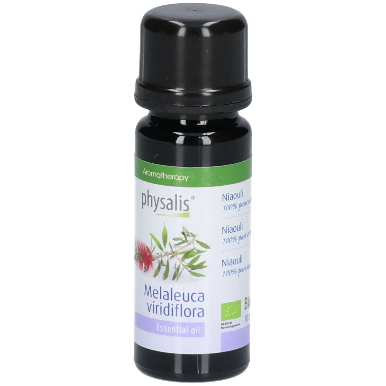 Flacon en verre brun avec bouchon noir. Étiquette avec illustration de plante et texte: Melaleuca viridiflora, Essential oil. Label Bio.