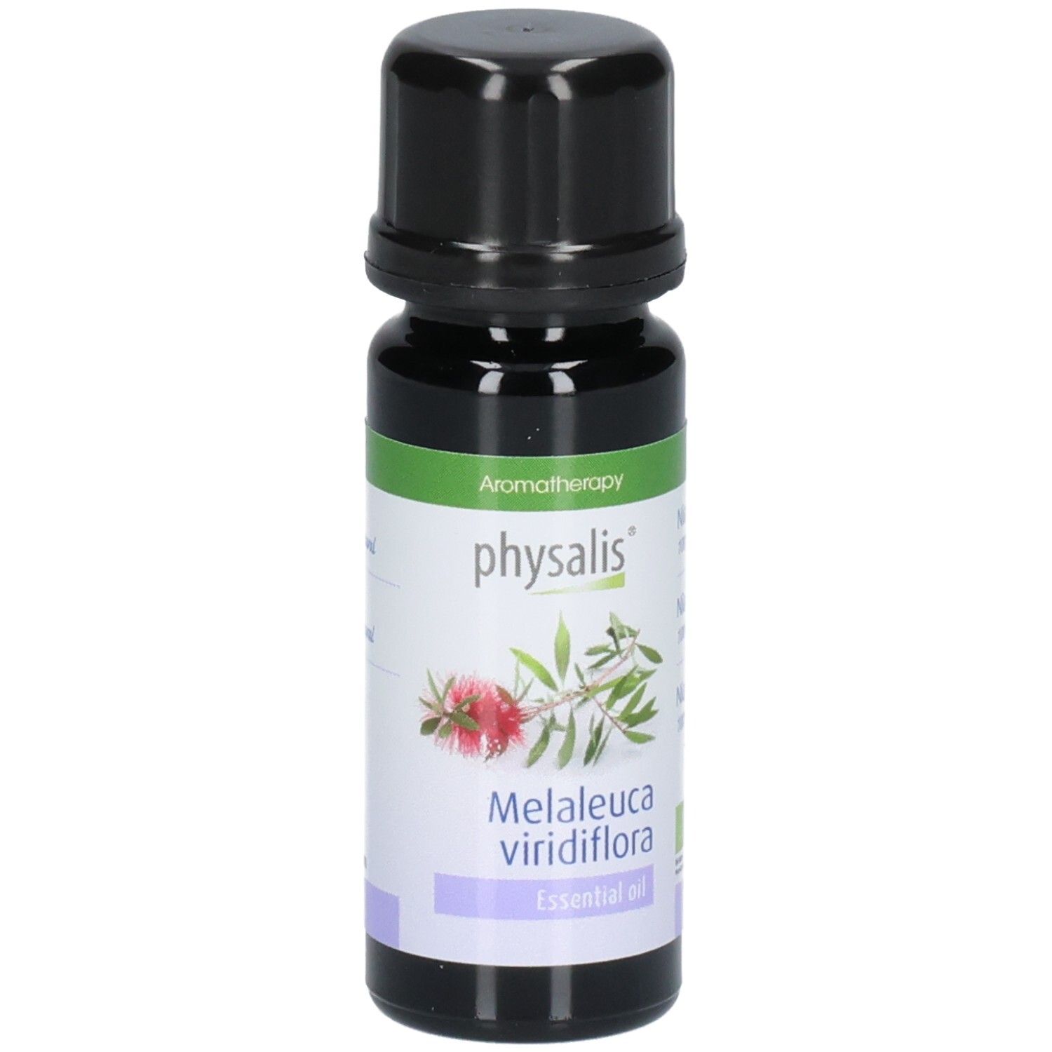 Flacon en verre brun avec bouchon noir. Étiquette avec illustration de plante et texte: Melaleuca viridiflora, Essential oil. Label Bio.