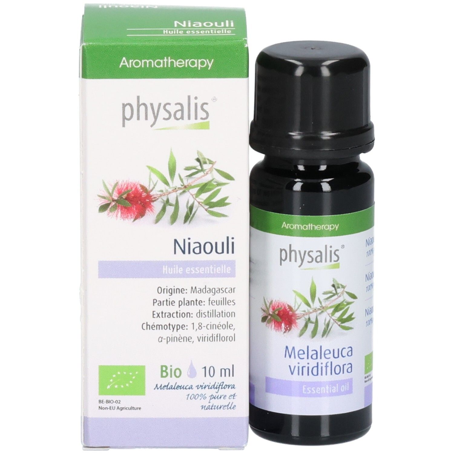 Flacon en verre brun et carton. Sur le carton: Niaouli Huile essentielle, label Bio, 10 ml. Illustration de plante.