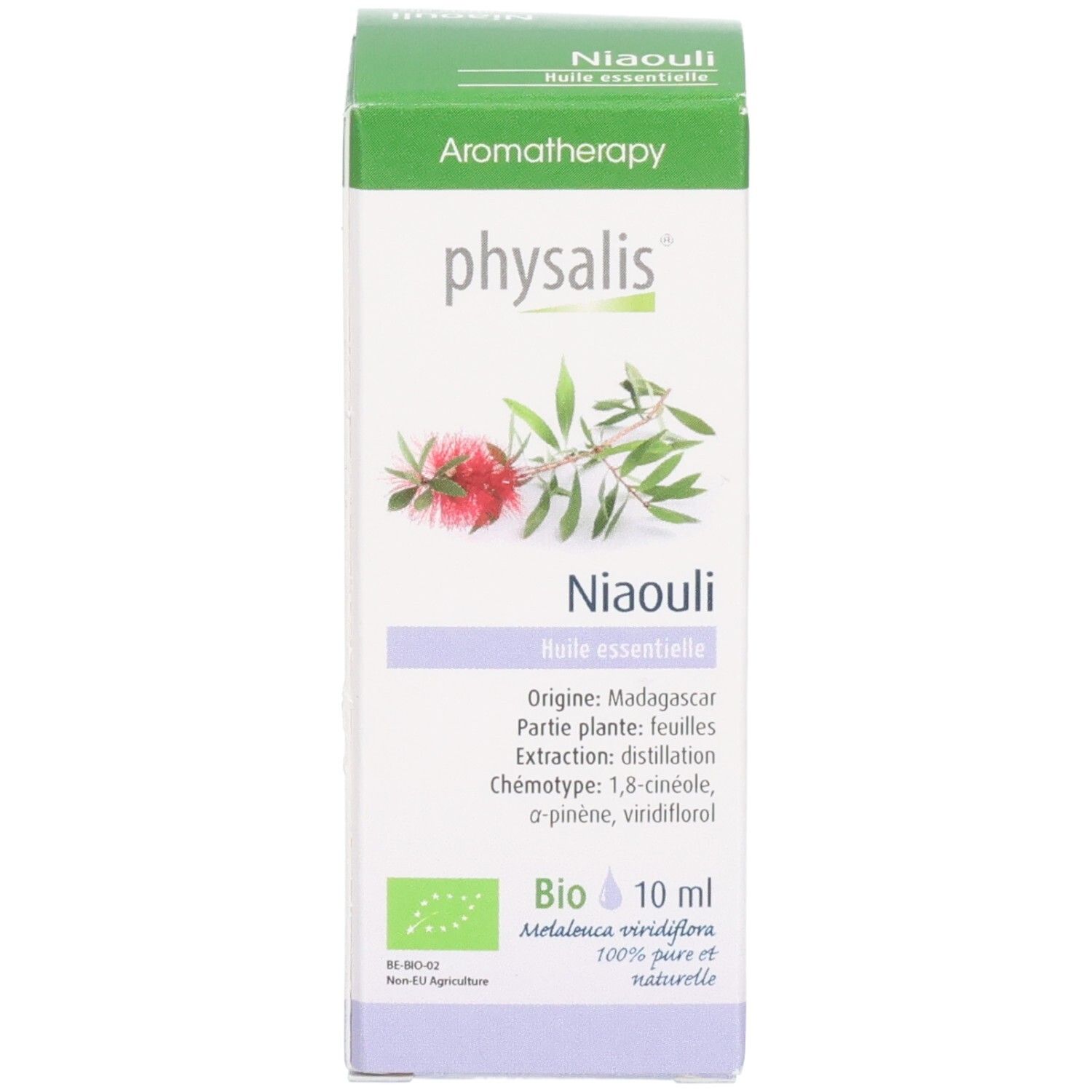 Carton avec texte: Niaouli Huile essentielle, label Bio, 10 ml. Illustration de plante. Informations sur l'origine et les ingrédients.