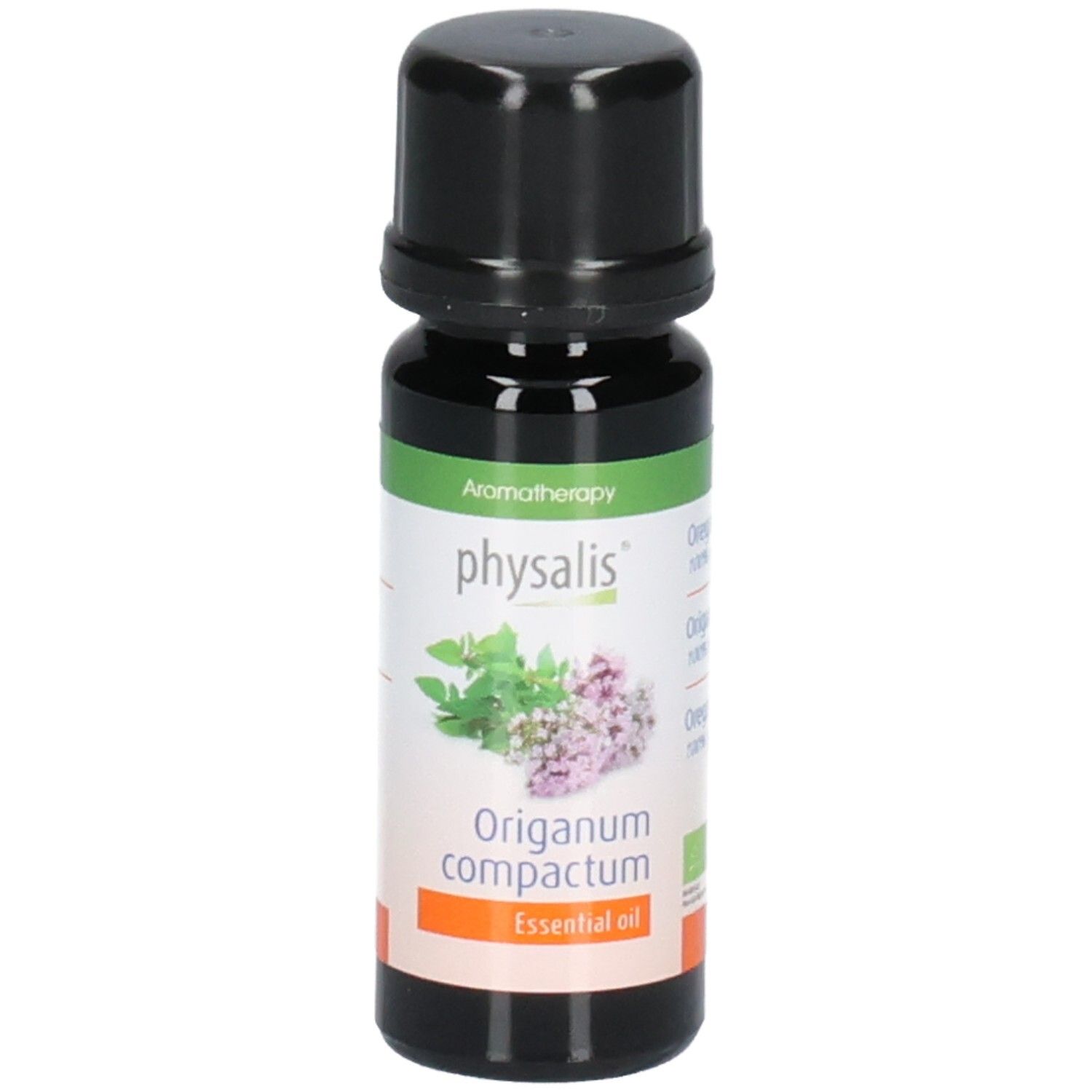 Bruine glazen fles met zwarte dop. Etiket met productnaam, plantillustratie en bio-keurmerk. Tekst: Essential oil.