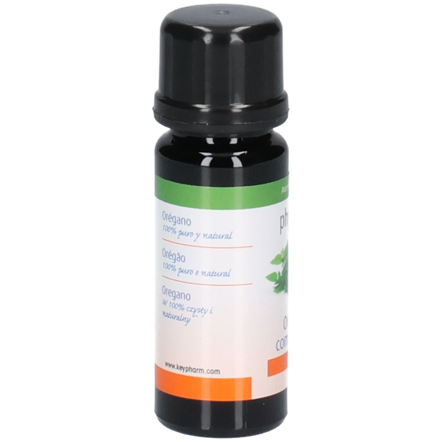 Bruine glazen fles met zwarte dop. Etiket met productnaam en meertalige tekst. Bio-keurmerk en websiteadres.