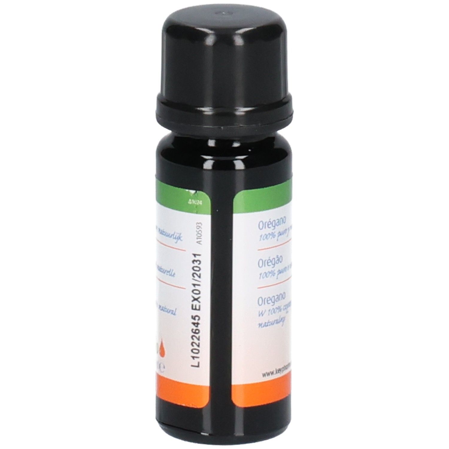 Bruine glazen fles met zwarte dop. Etiket met productnaam en meertalige tekst. Bio-keurmerk en batchnummer.