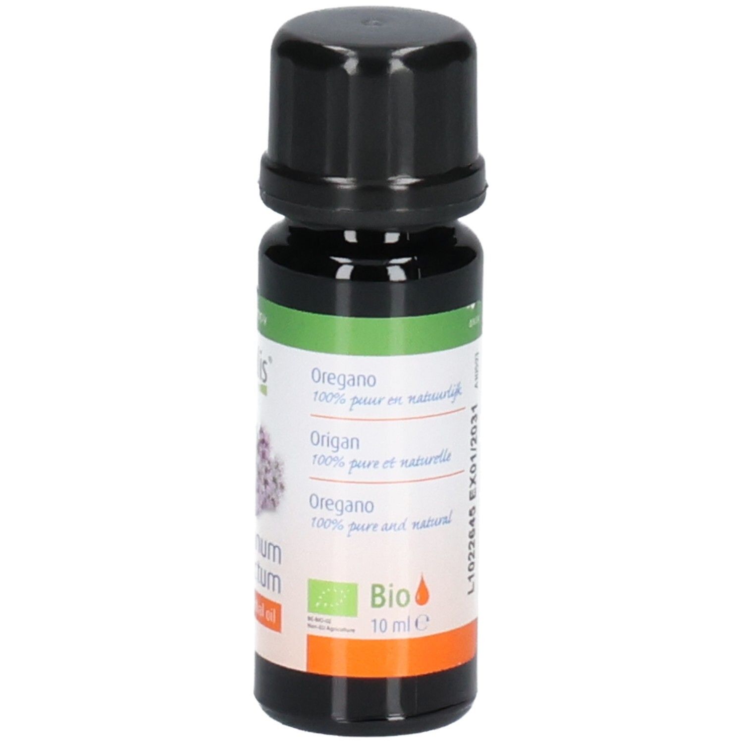 Bruine glazen fles met zwarte dop. Etiket met productnaam, bio-keurmerk en volume-aanduiding. Tekst: 10 ml.