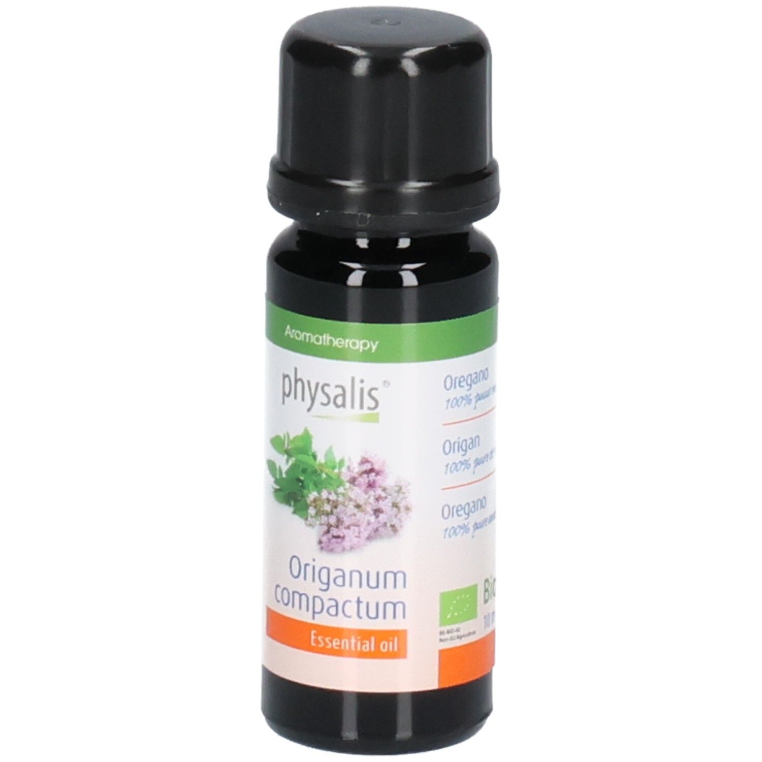 Bruine glazen fles met zwarte dop. Etiket met productnaam, plantillustratie en bio-keurmerk. Tekst: Essential oil.