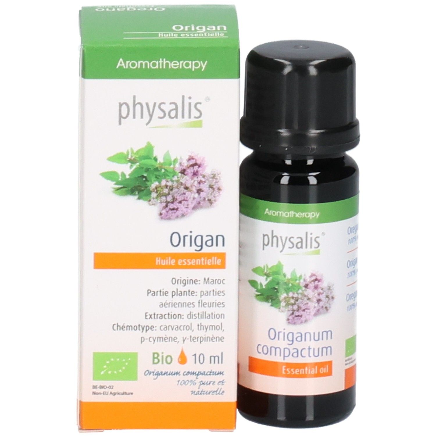 Productverpakking met fles en doos. Fles met zwarte dop. Doos met productnaam, plantillustratie en bio-keurmerk.