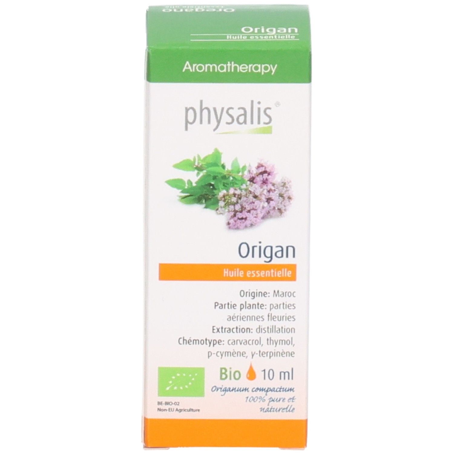 Productverpakking met doos. Doos met productnaam, plantillustratie en bio-keurmerk. Tekst: 10 ml.