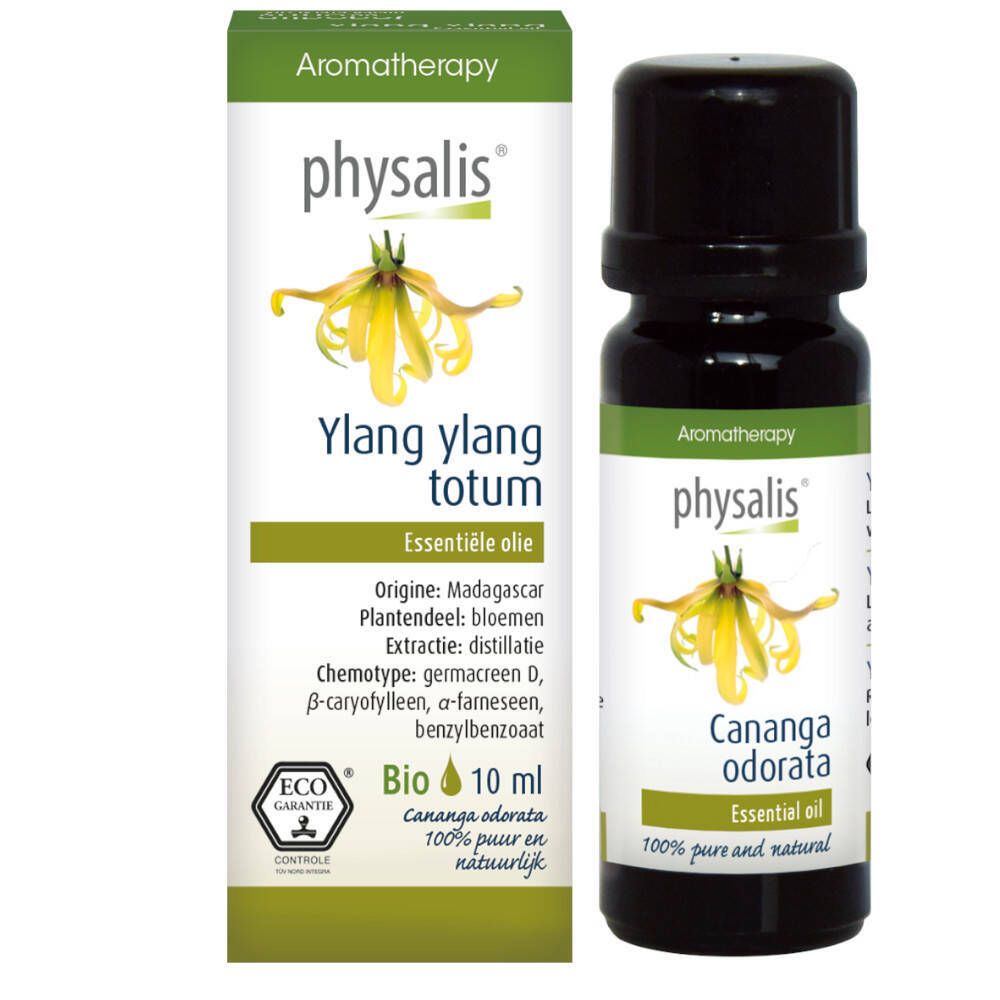 Flesje met zwarte dop en etiket. Op het etiket staat "Physalis", "Ylang ylang totum", "Essentiële olie" en "Bio".