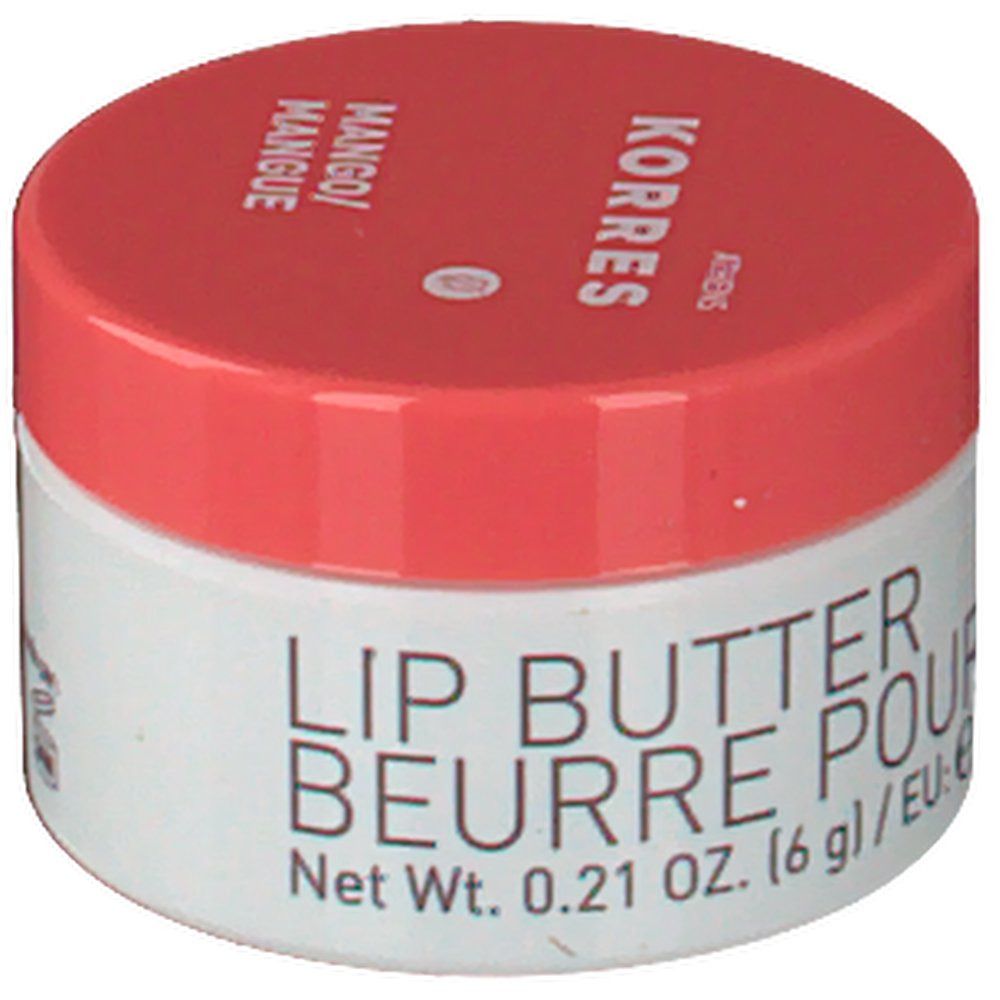 Witte pot met rode deksel. Opschrift: KORRES, Mango, Lip Butter. Nettogewicht 0,21 OZ. (6 g).