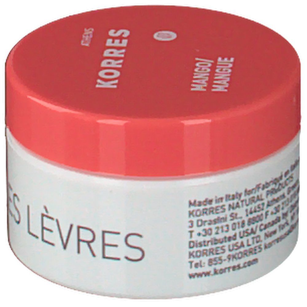 Witte pot met rode deksel. Opschrift: KORRES, Mango. Tekst: Gemaakt in Italië. Contactgegevens.