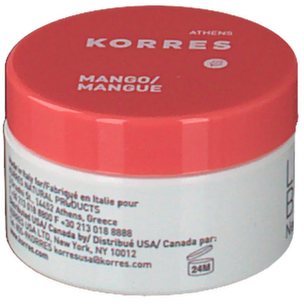 Witte pot met rode deksel. Opschrift: KORRES, Mango. Tekst: Gemaakt in Italië. Contactgegevens. Symbool: 24M.