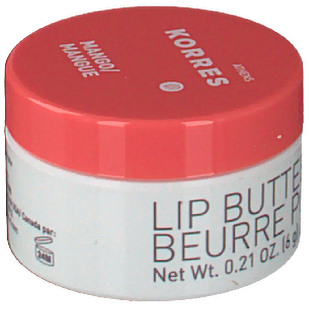 Witte pot met rode deksel. Opschrift: KORRES, Mango, Lip Butter. Nettogewicht 0,21 OZ. (6 g).