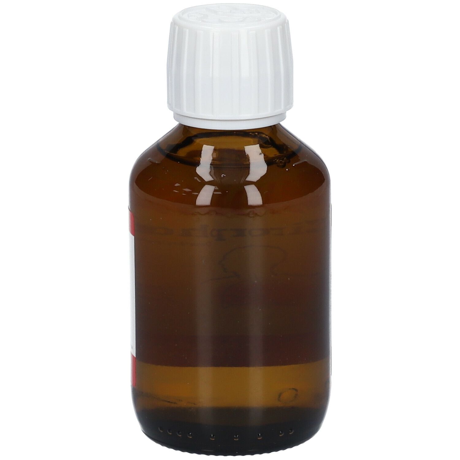 Flacon brun avec bouchon blanc. Aucune étiquette visible.