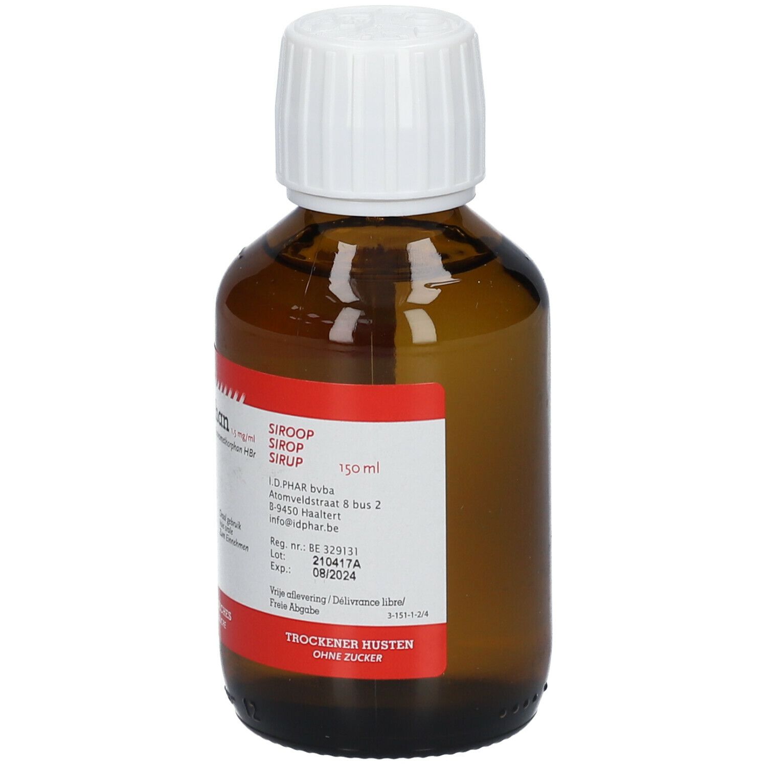 Flacon brun avec bouchon blanc. Étiquette rouge avec texte. Nom du produit: Zirorphan. Volume: 150 ml.