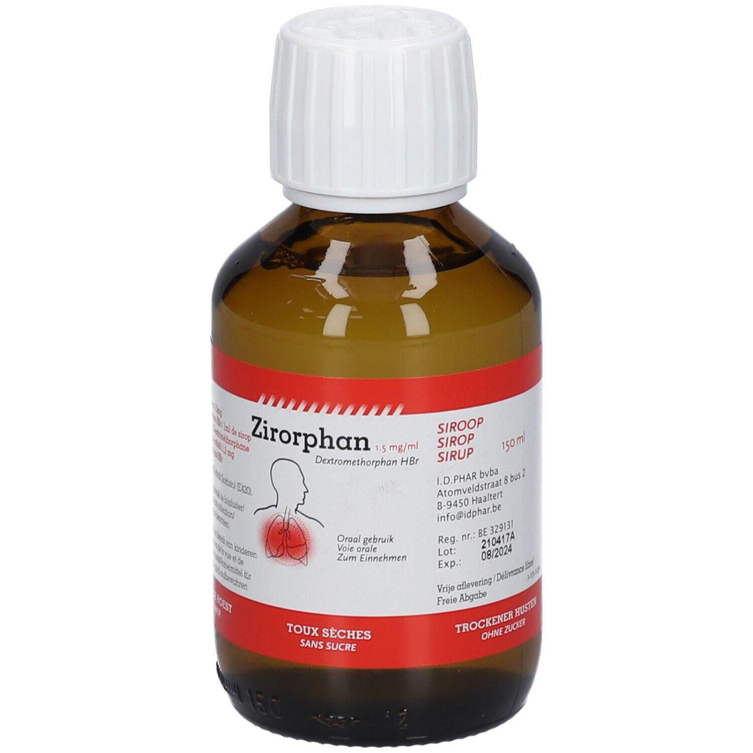 Flacon brun avec bouchon blanc. Étiquette rouge avec texte et illustration des poumons. Nom du produit: Zirorphan.