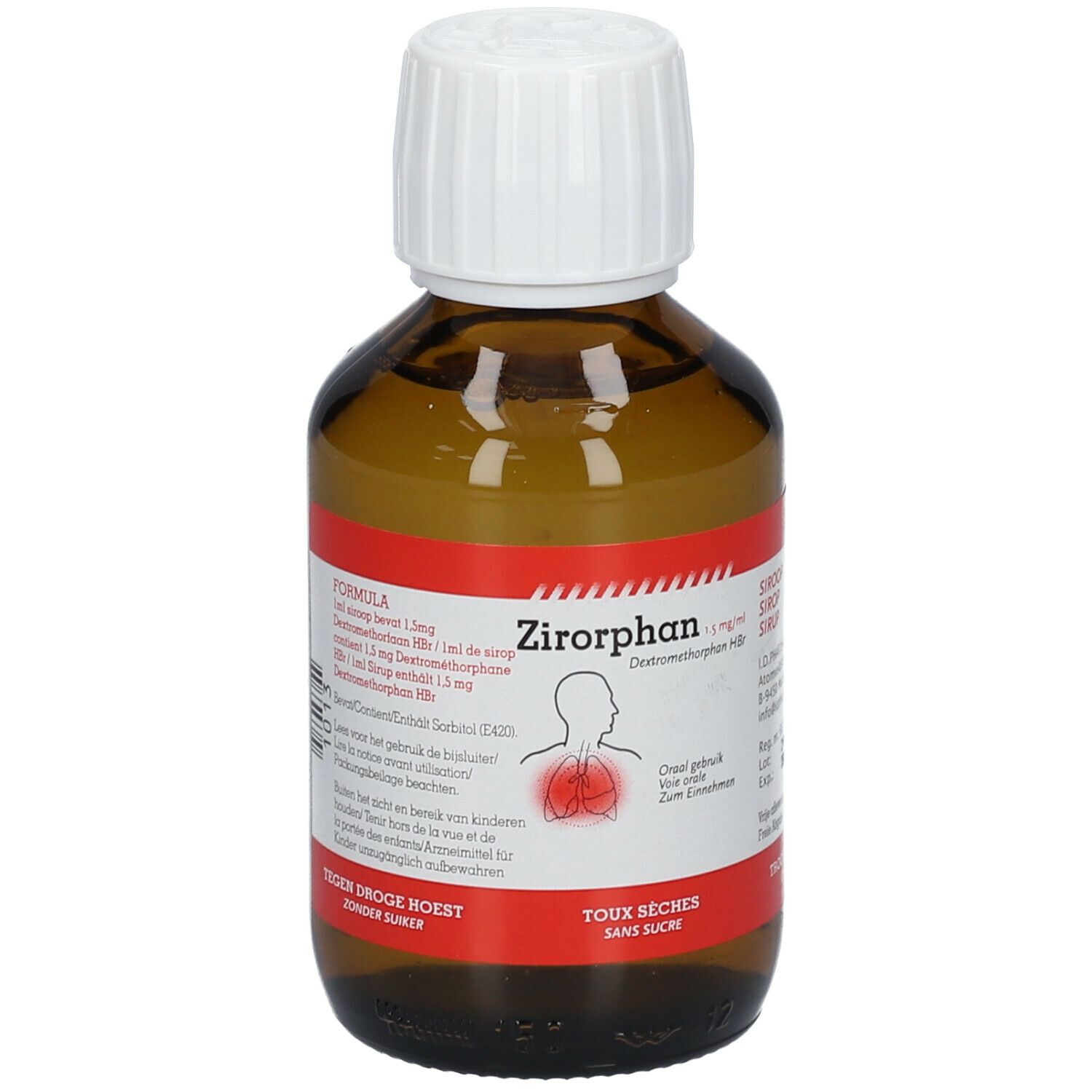 Flacon brun avec bouchon blanc. Étiquette rouge avec texte et illustration des poumons. Nom du produit: Zirorphan.