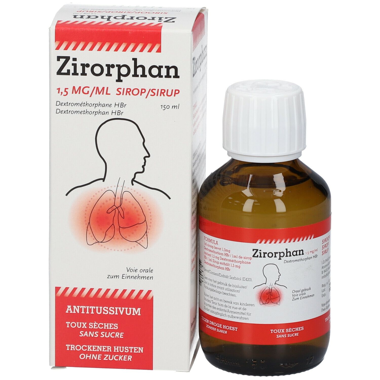 Flacon et emballage Zirorphan. Flacon brun, bouchon blanc. Emballage blanc-rouge. Texte: Zirorphan 1,5 mg/ml.