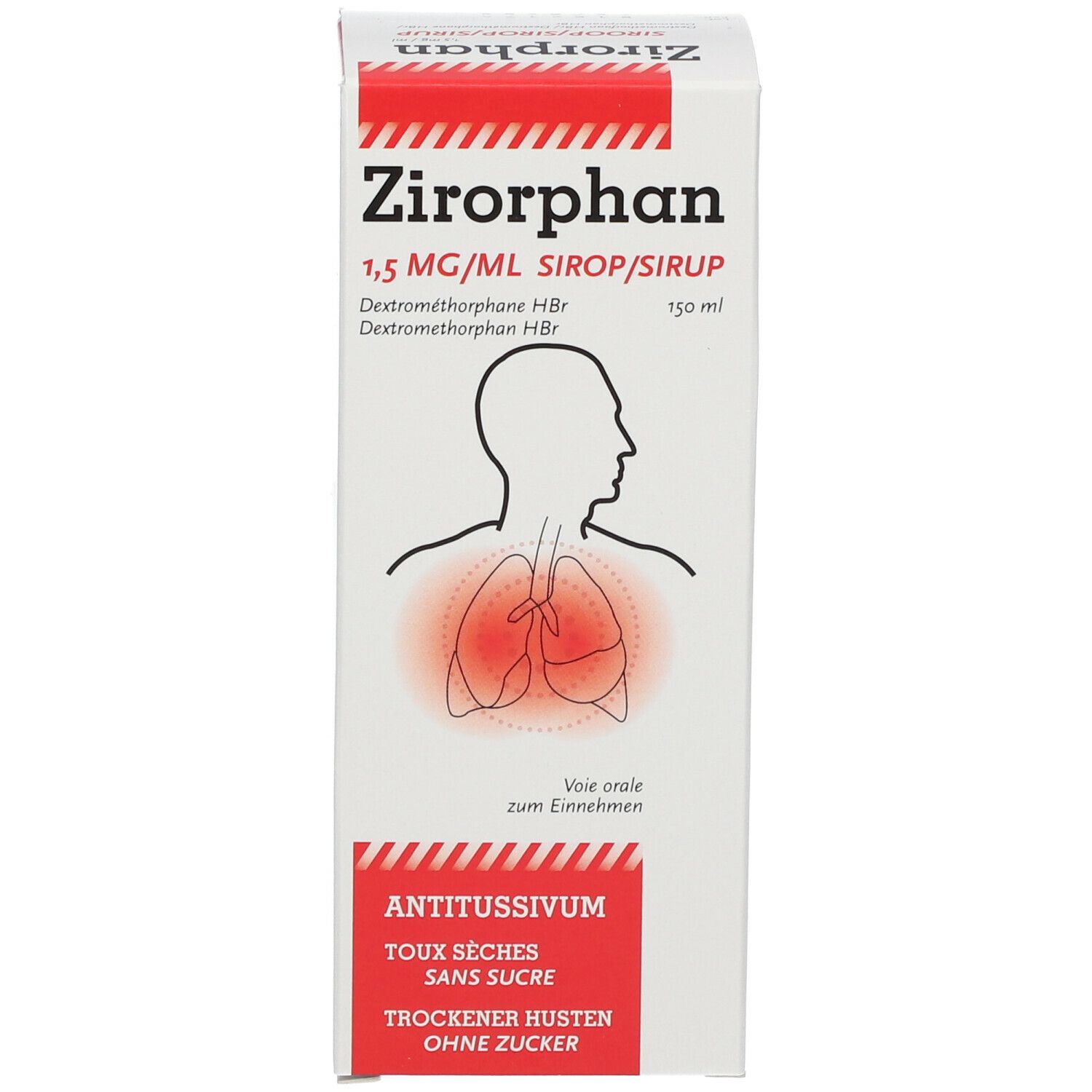Emballage blanc avec texte rouge. Texte: Zirorphan 1,5 mg/ml Sirop/Sirup. Illustration des poumons.