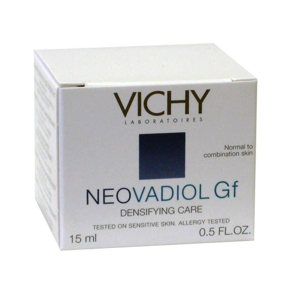 Boîte blanche avec informations produit. Inscription: VICHY, NEOVADIOL Gf, peaux normales à mixtes. Volume: 15 ml, 0.5 FL.OZ.