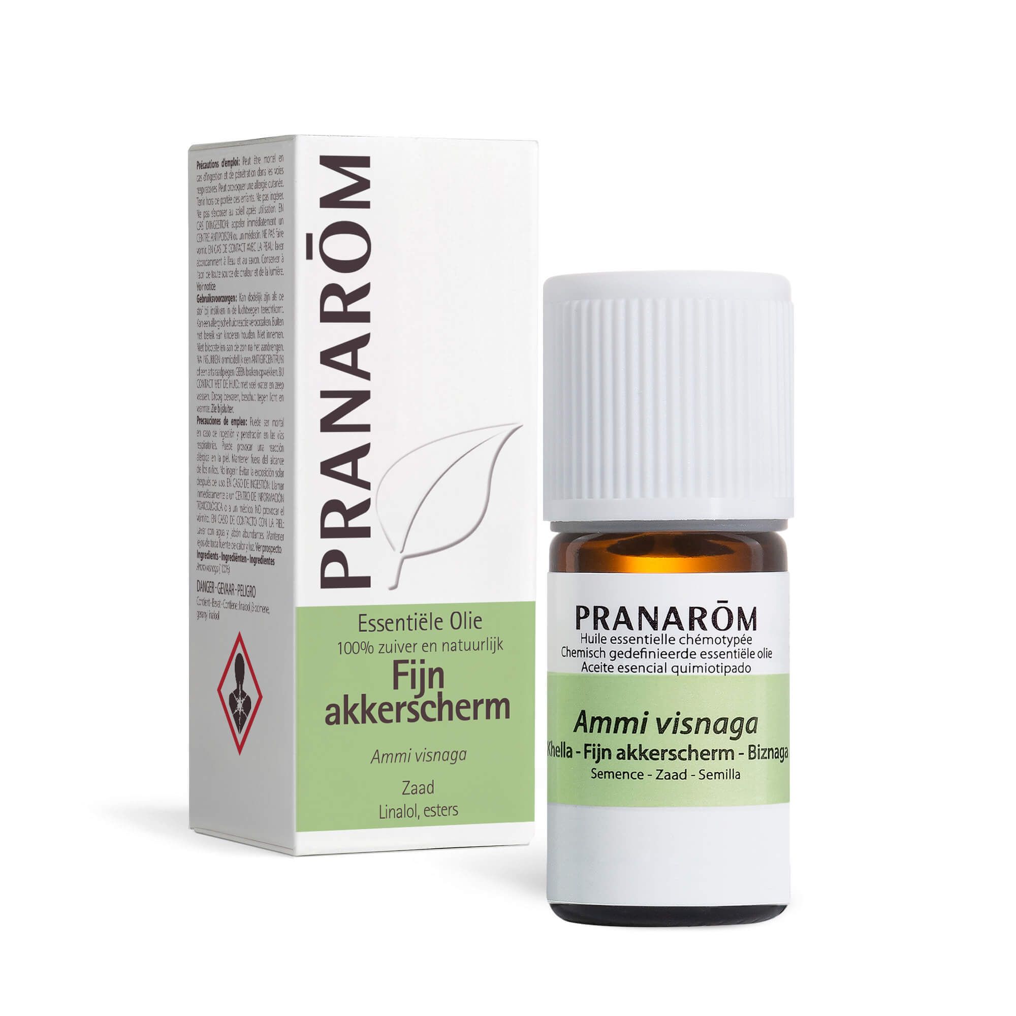 Productverpakking en fles. Op de verpakking: productnaam, merk Pranarôm, ingrediënten. Fles met witte dop.