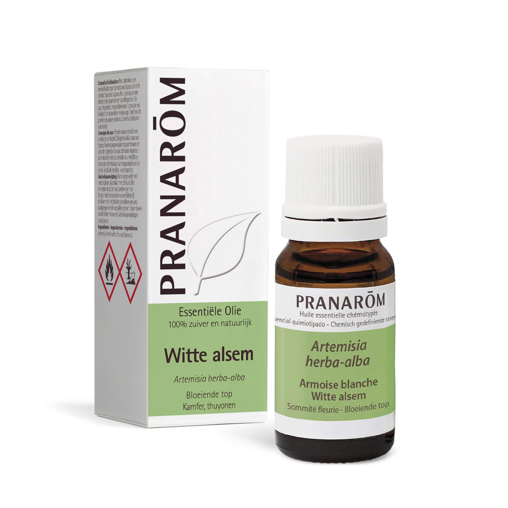 Bruine glazen fles met witte dop en etiket. Doos met PRANAROM logo ernaast.