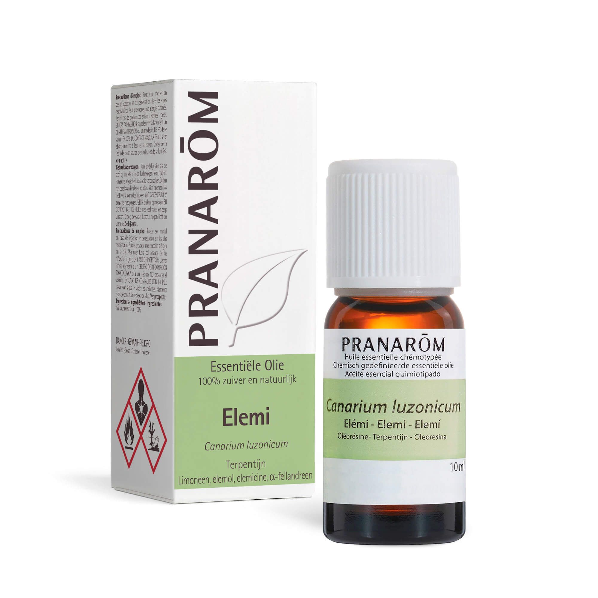 Bruine glazen fles met witte dop en etiket. Witte doos met logo en productinformatie.