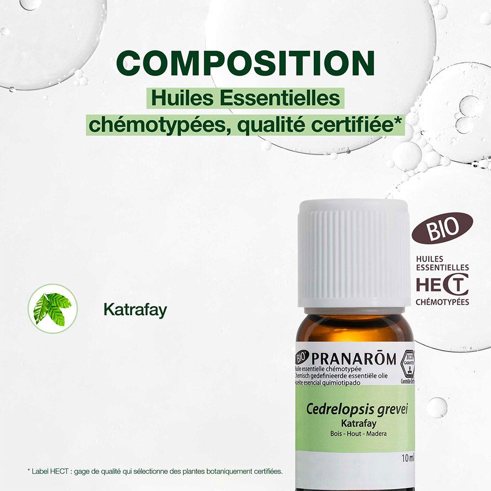 Flacon en verre brun avec bouchon blanc. Étiquette avec nom du produit et marque. 10 ml.