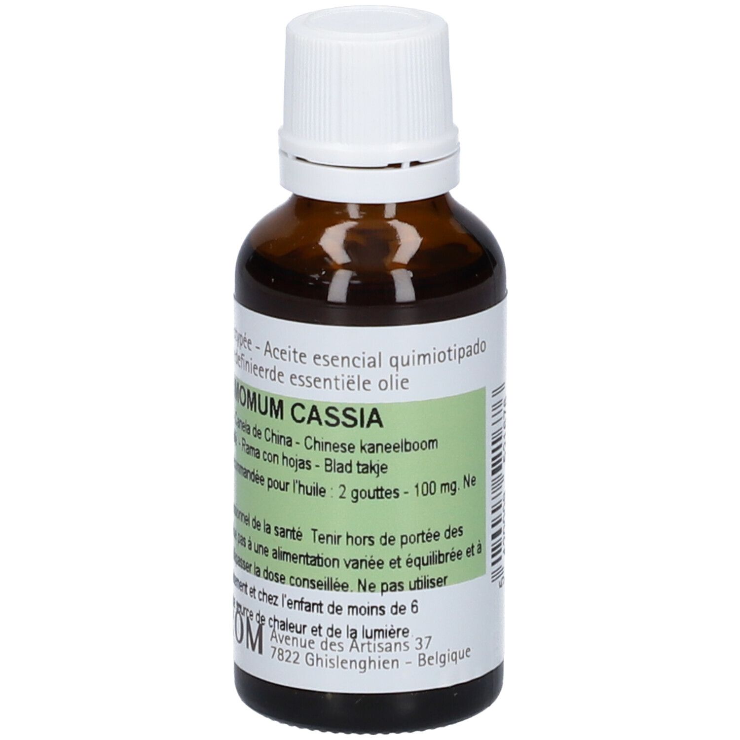 Bruine glazen fles met witte dop. Etiket met productinformatie en PRANAROM-logo. Bevat essentiële olie.