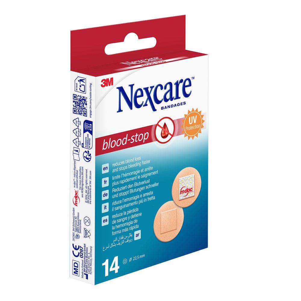 Verpakking Nexcare Blood Stop pleisters. Bevat 14 pleisters. Tekst: blood-stop, 3M, Nexcare, 14 x 22,5mm, UV Protection.